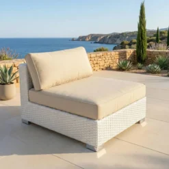 Salotto da giardino in resina intrecciata 5 posti 6 pezzi Palma Bianco e beige