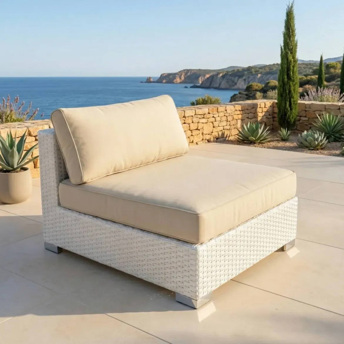 Salotto da giardino in resina intrecciata 5 posti 6 pezzi Palma Bianco e beige