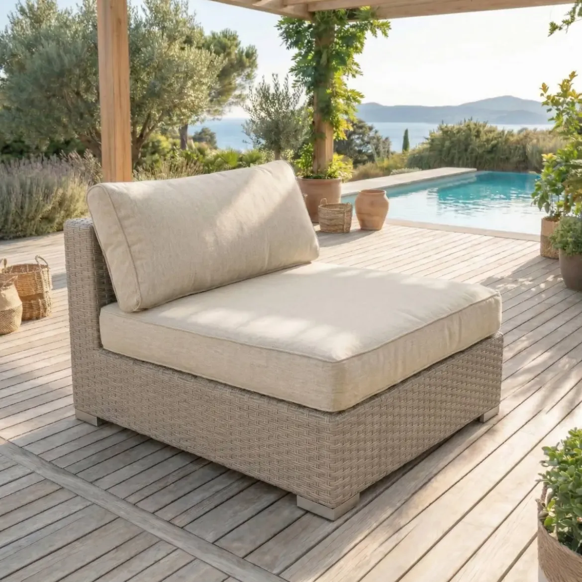 Salotto da giardino in resina intrecciata 5 posti 6 pezzi Palma Grigio e beige