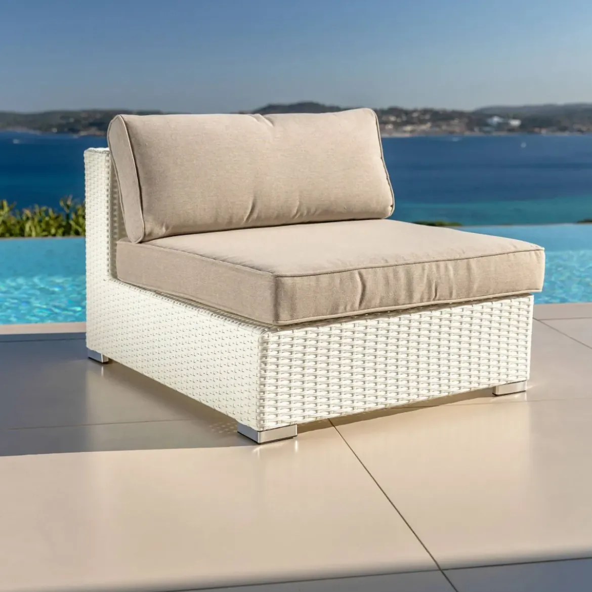 Salotto da giardino in resina intrecciata 9 posti 9 pezzi Palma Bianco e tortora