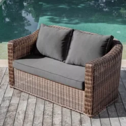 Salotto da giardino in resina intrecciata 7 posti 5 pezzi Calvi Seppia e grigio scuro