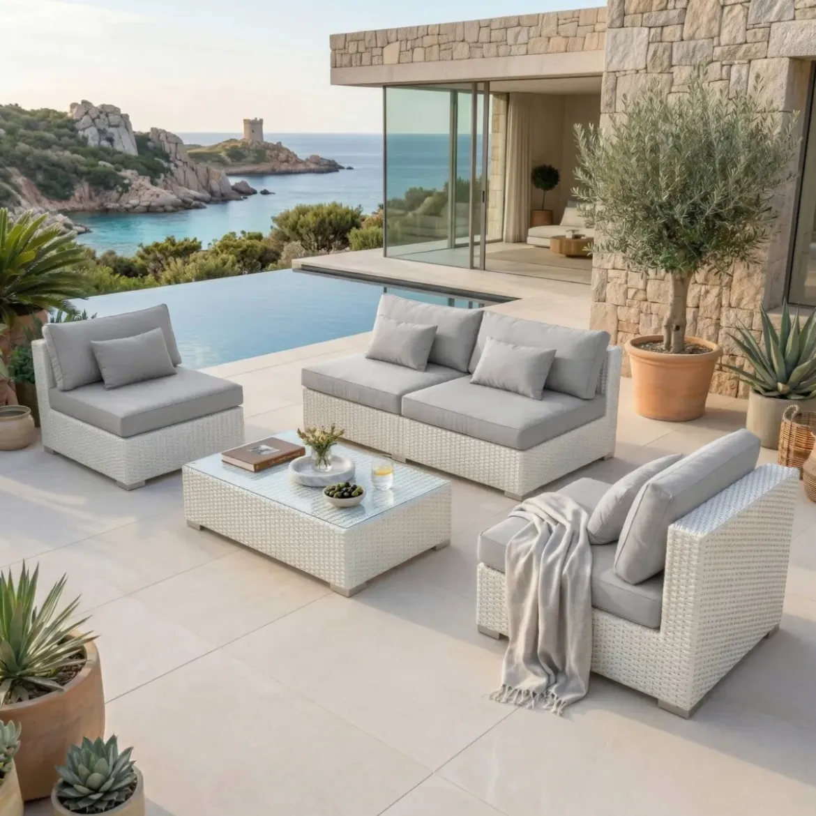 Salotto da giardino in resina intrecciata 4 posti 4 pezzi Palma Bianco e grigio