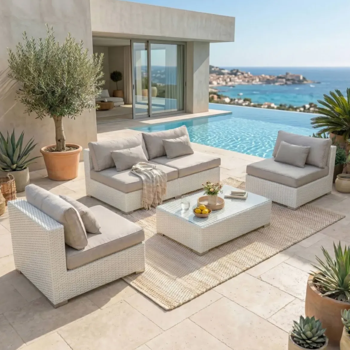 Salotto da giardino in resina intrecciata 4 posti 4 pezzi Palma Bianco e tortora