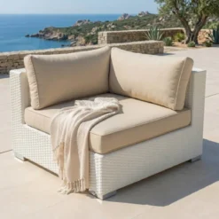 Salotto da giardino in resina intrecciata 4 posti 5 pezzi Palma Bianco e beige