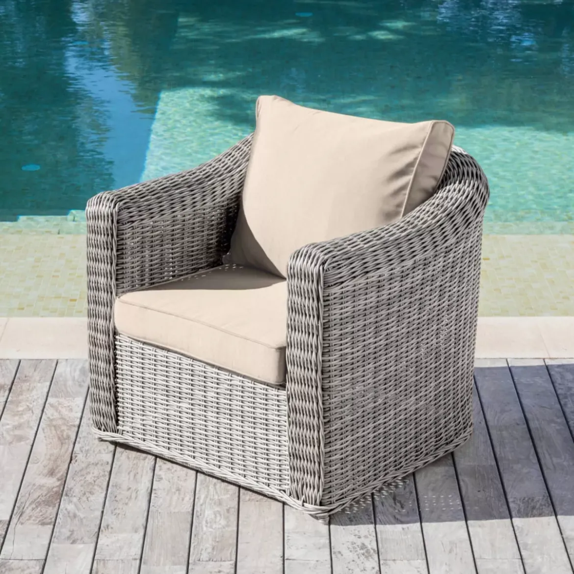 Salotto da giardino in resina intrecciata 7 posti 5 pezzi Calvi Grigio e tortora