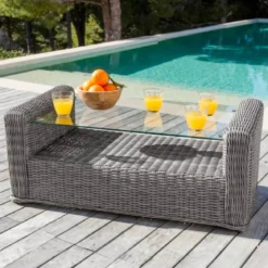 Salotto da giardino in resina intrecciata 7 posti 5 pezzi Calvi Grigio e tortora