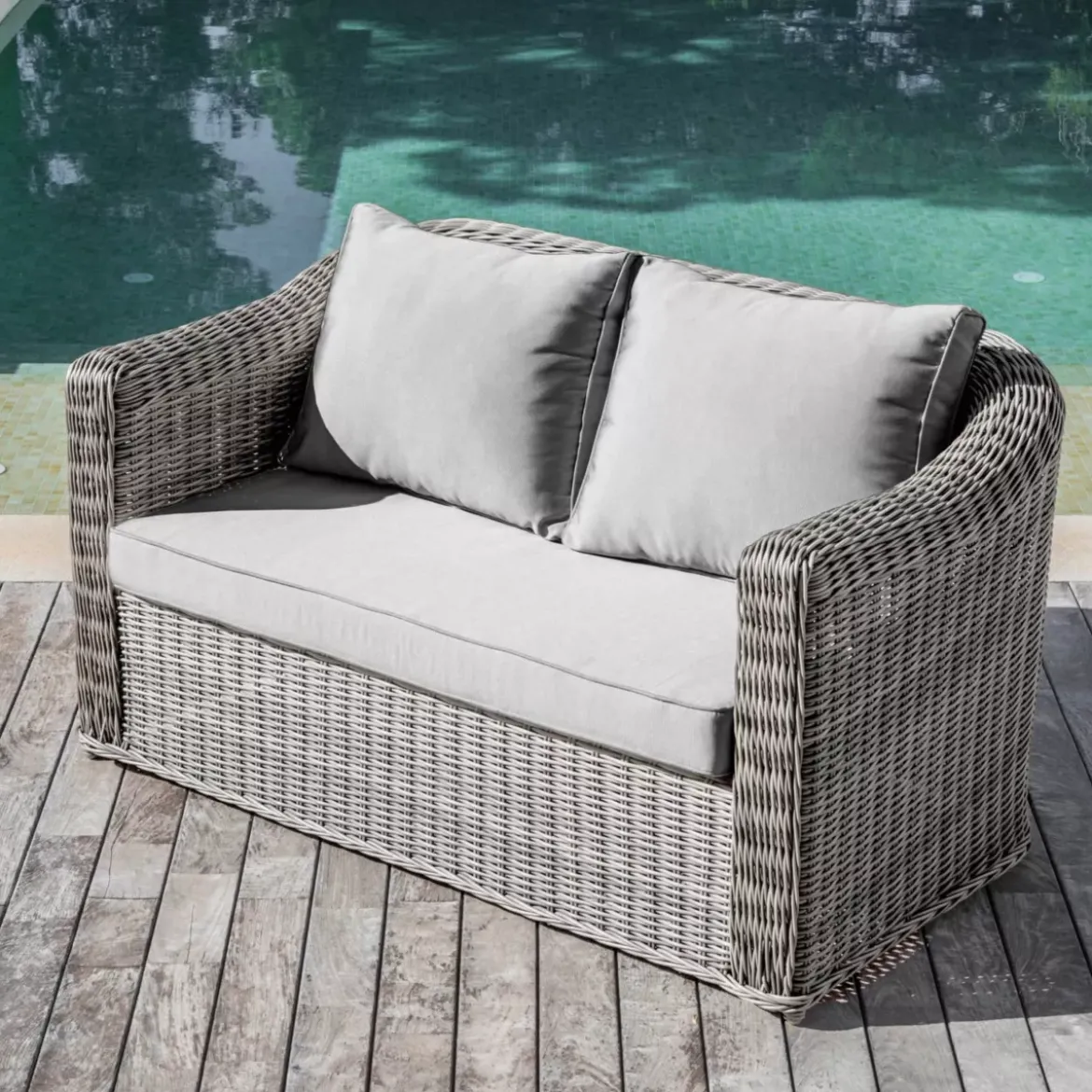 Salotto da giardino in resina intrecciata 4 posti 4 pezzi Calvi Grigio e grigio chiaro