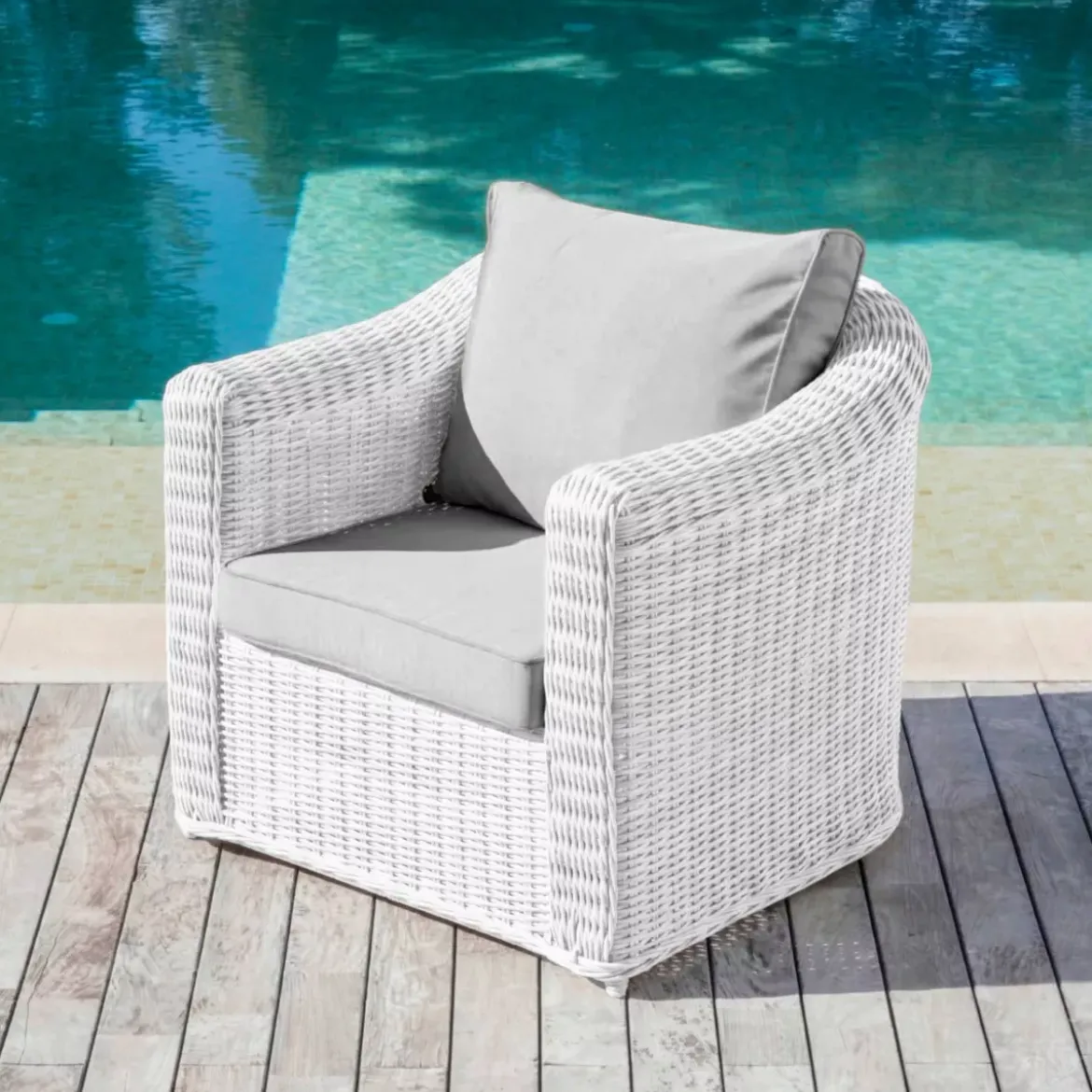 Salotto da giardino in resina intrecciata 7 posti 5 pezzi Calvi Bianco e grigio chiaro