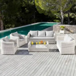 Salotto da giardino in resina intrecciata 7 posti 5 pezzi Calvi Bianco e grigio chiaro