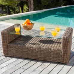 Salotto da giardino in resina intrecciata 5 posti 4 pezzi Calvi Seppia e beige