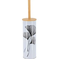 Scopino per WC con coperchio in metallo e bambù Zen Gingko Bianco