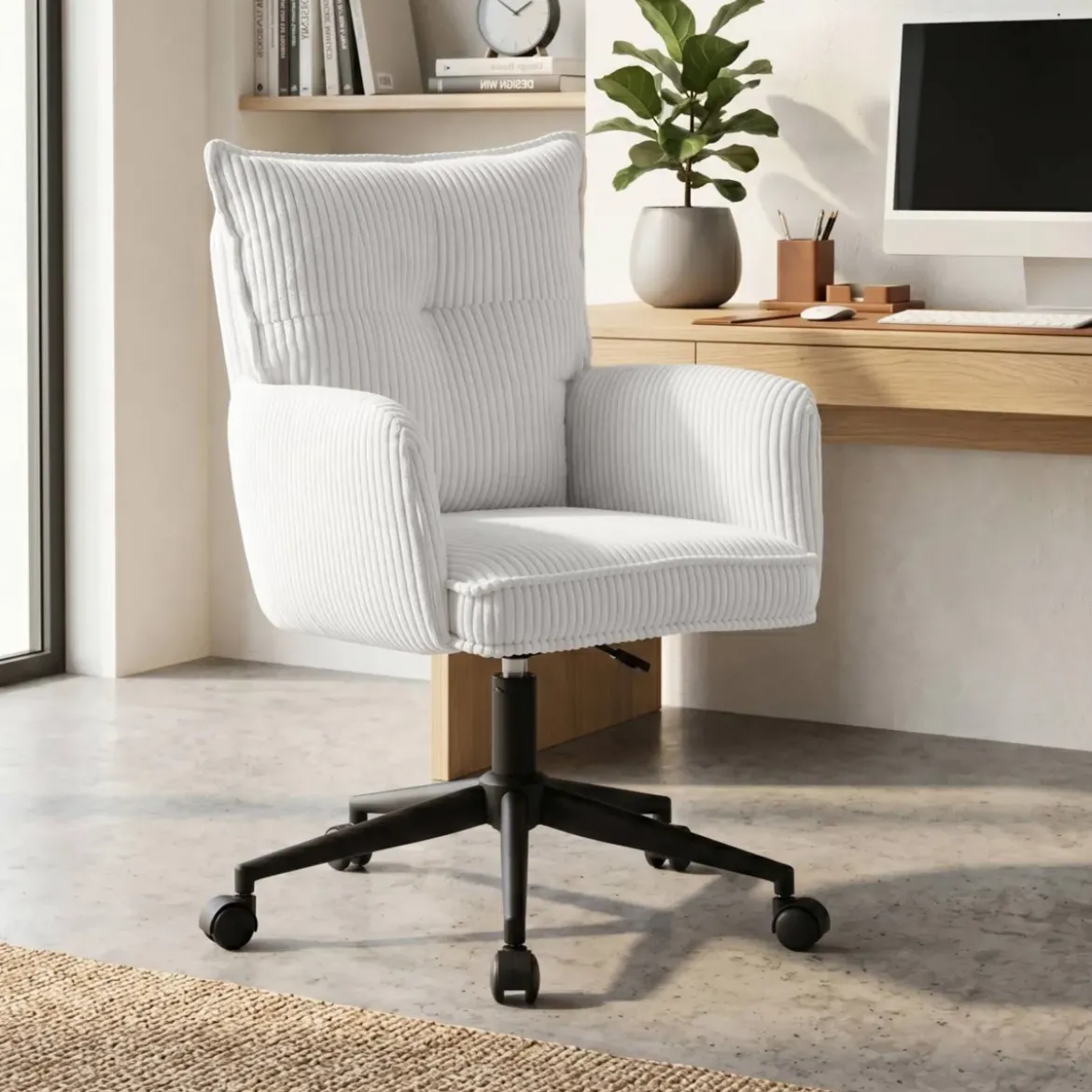 Sedia da ufficio con ruote in velluto a coste regolabile in altezza (seduta da 46 a 54 cm) Nuva Bianco