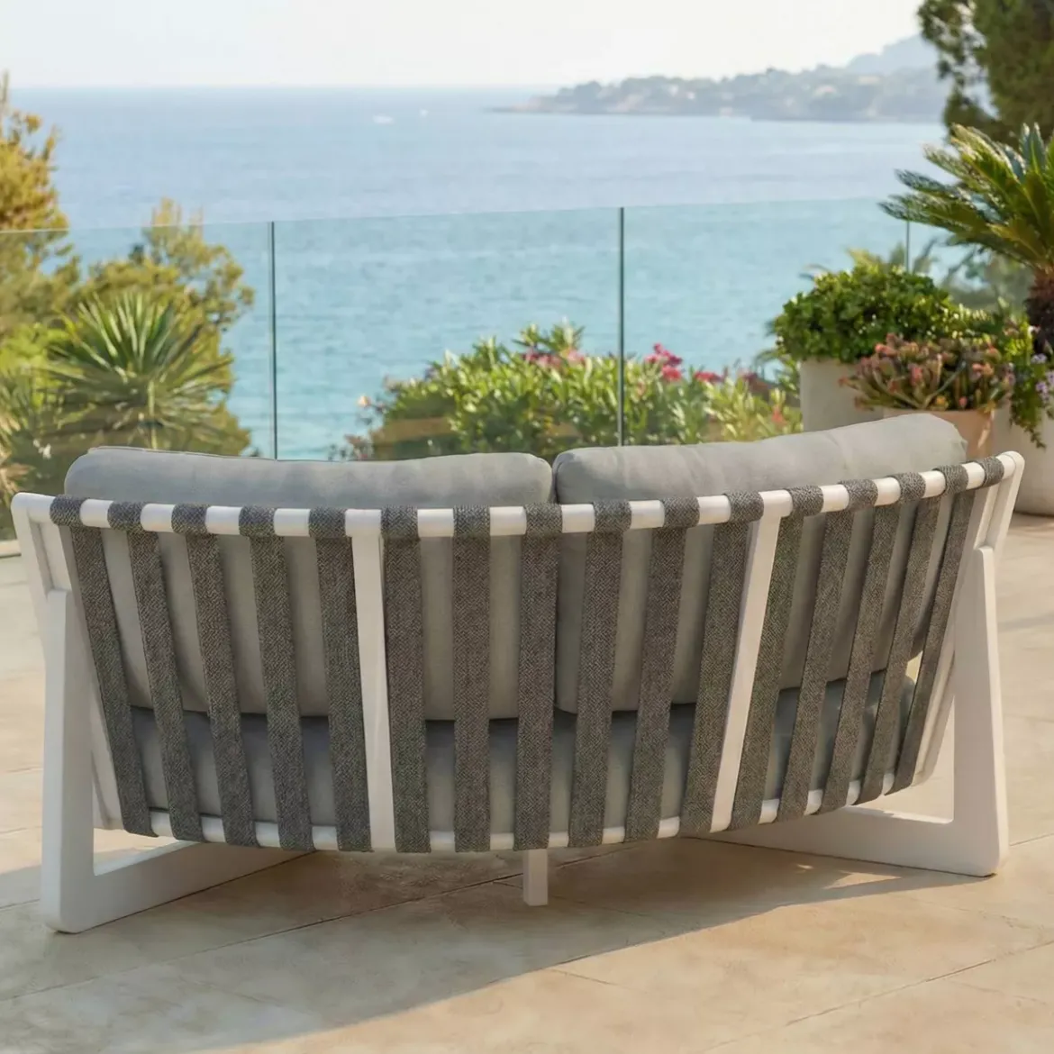 Set angolare da giardino in alluminio 5 posti 5 pezzi Long Beach Bianco cenere e grigio chiaro