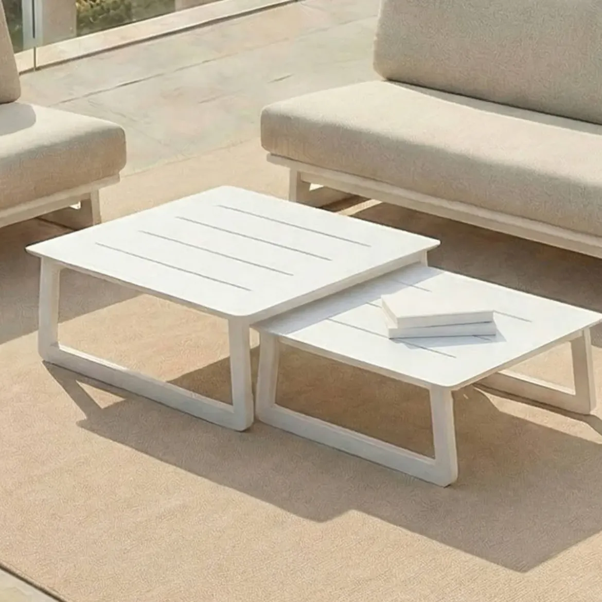 Set angolare da giardino in alluminio 5 posti Long Beach Bianco cenere e tortora