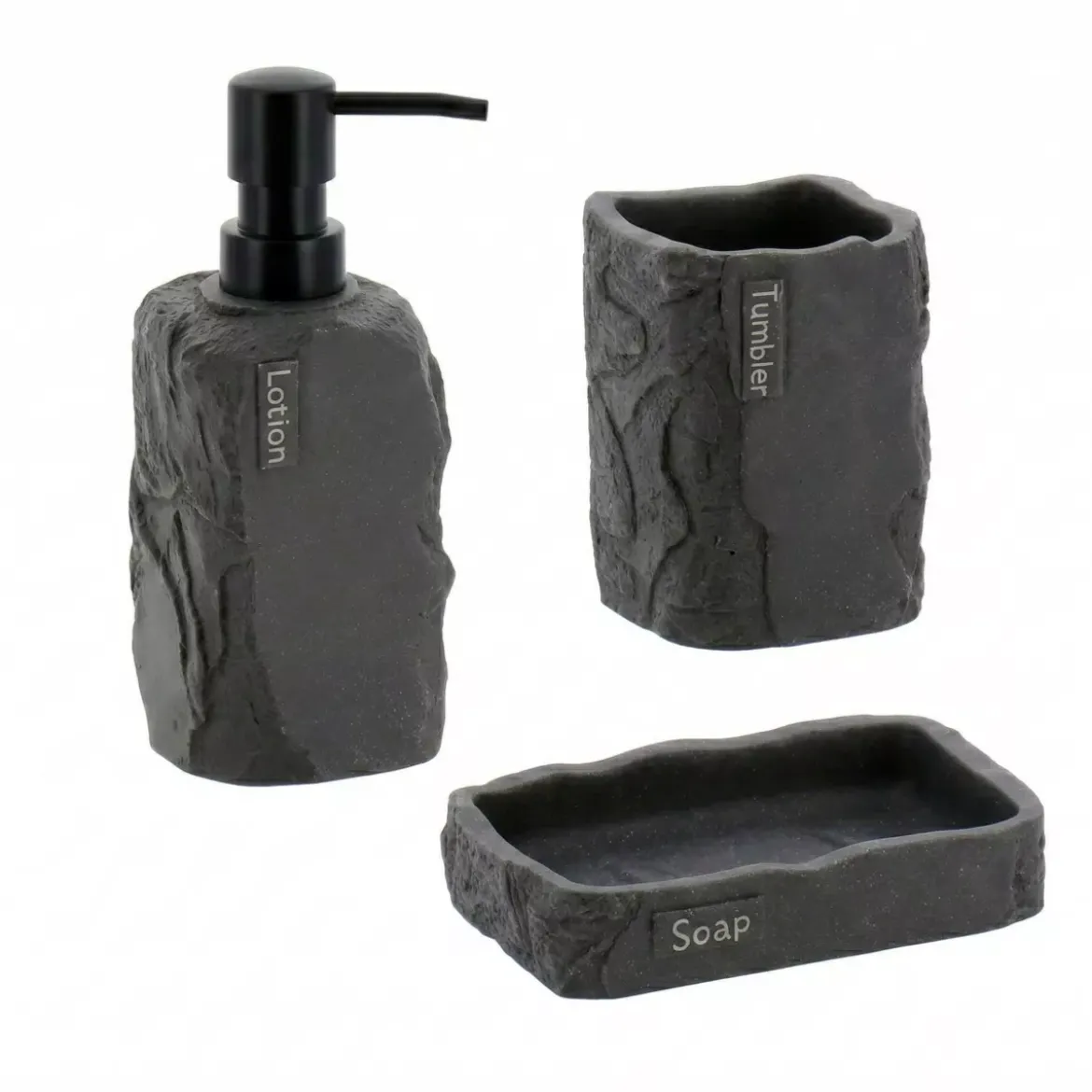 Set bicchiere distributore e porta sapone in poliresina effetto pietra Paola Nero
