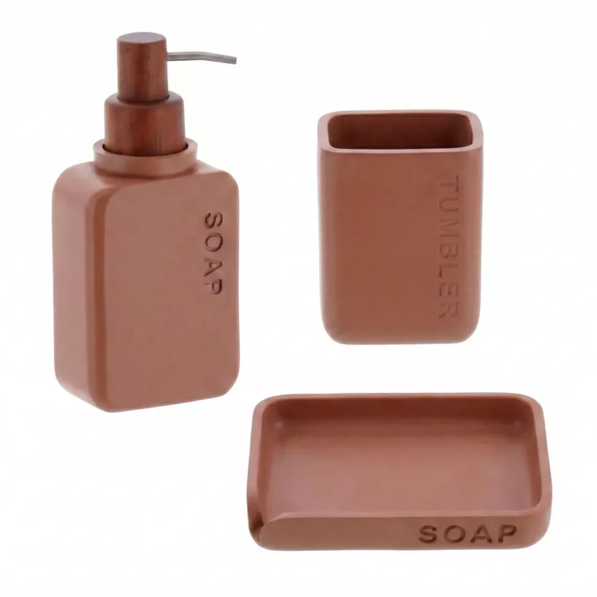 Set bicchiere distributore e porta sapone in poliresina incisa Sia Marrone mocha