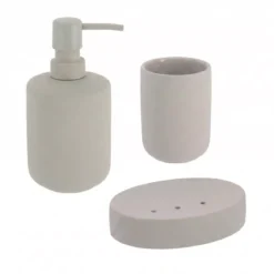 Set bicchiere, portasapone e distributore di sapone in grès Timeless Grigio Chiaro