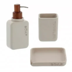 Set bicchiere portaspazzolino e distributore in poliresina incisa Sia Beige