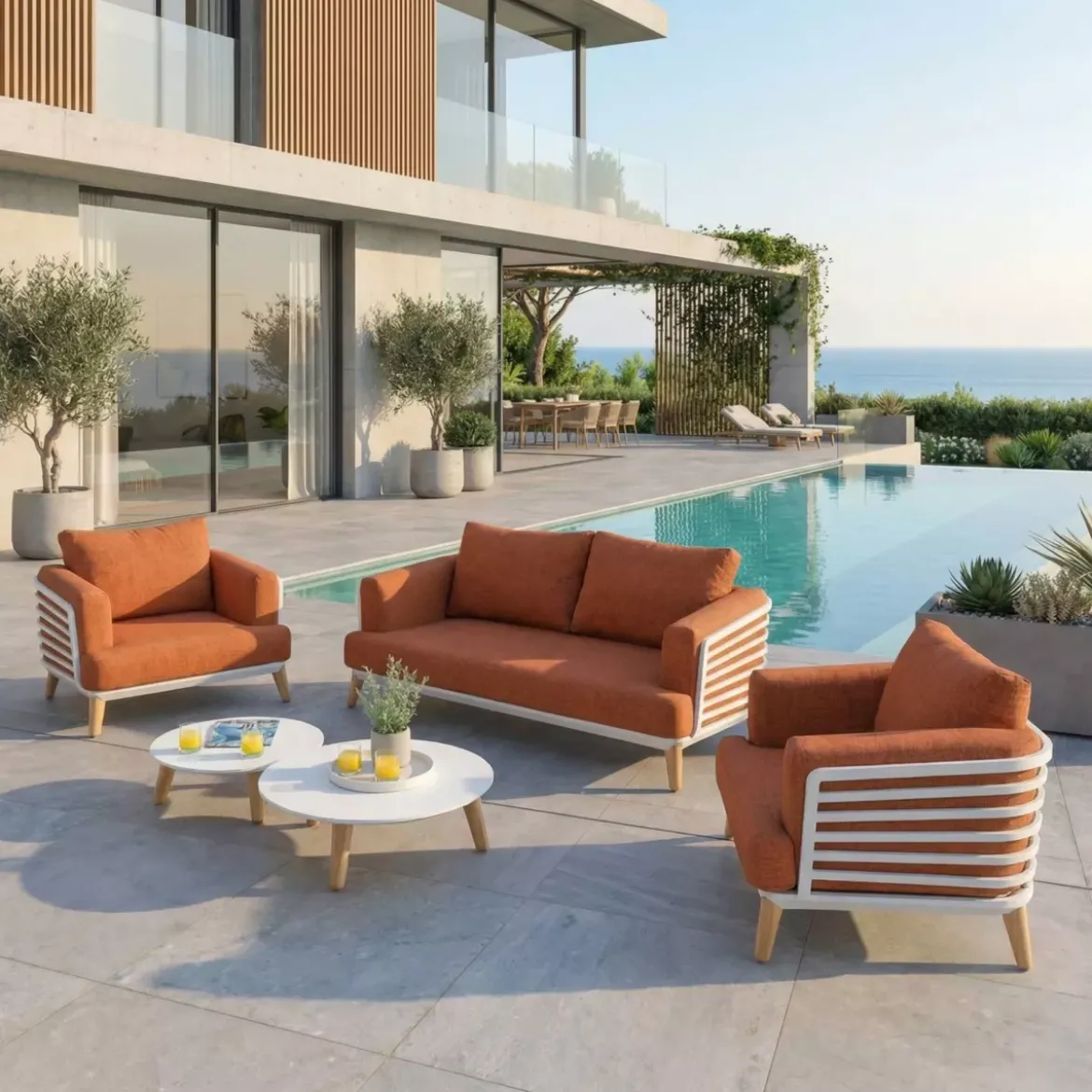 Set da giardino in alluminio 4 posti 5 pezzi Monte Carlo Bianco e terracotta