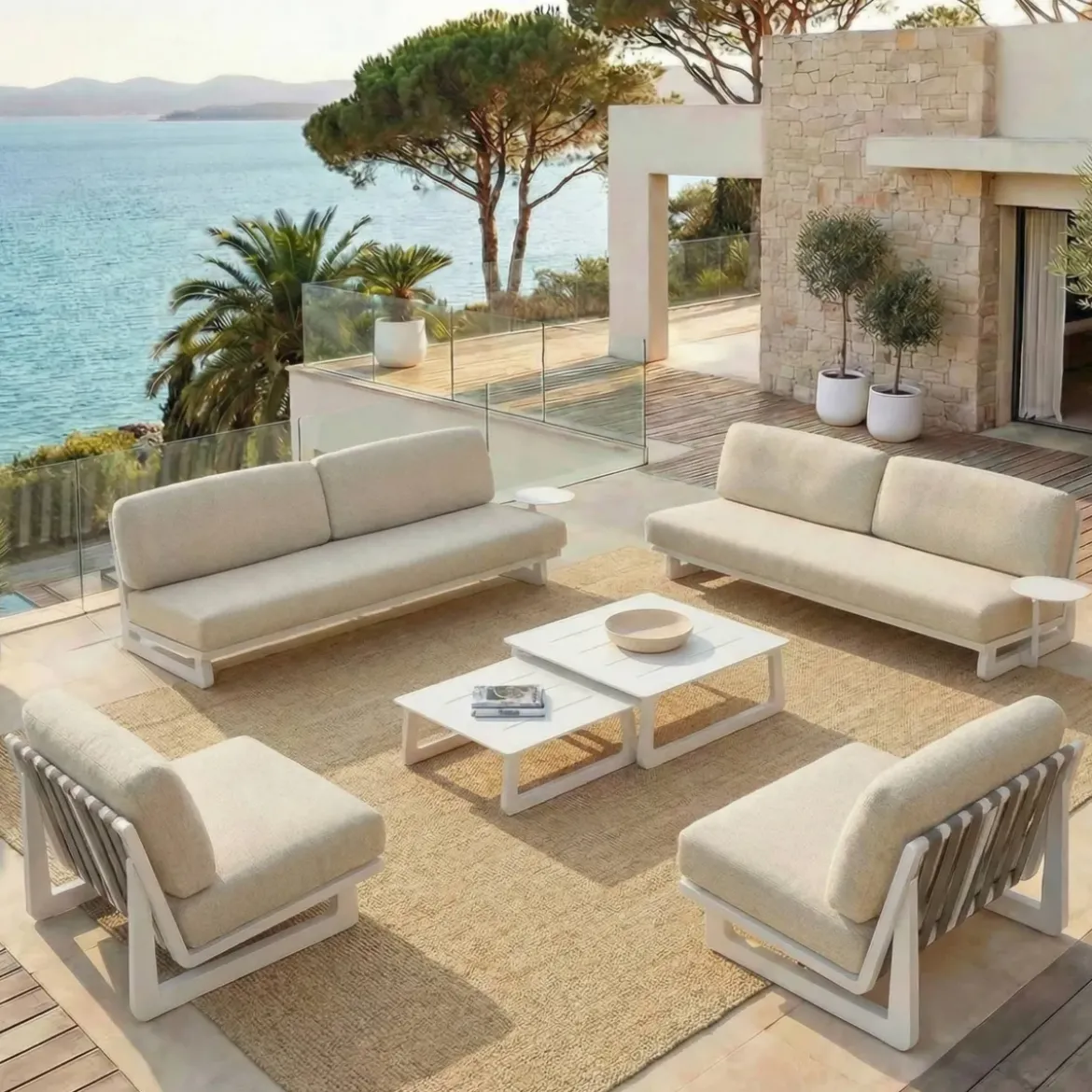 Set da giardino in alluminio 8 posti 6 pezzi Long Beach Bianco cenere e beige