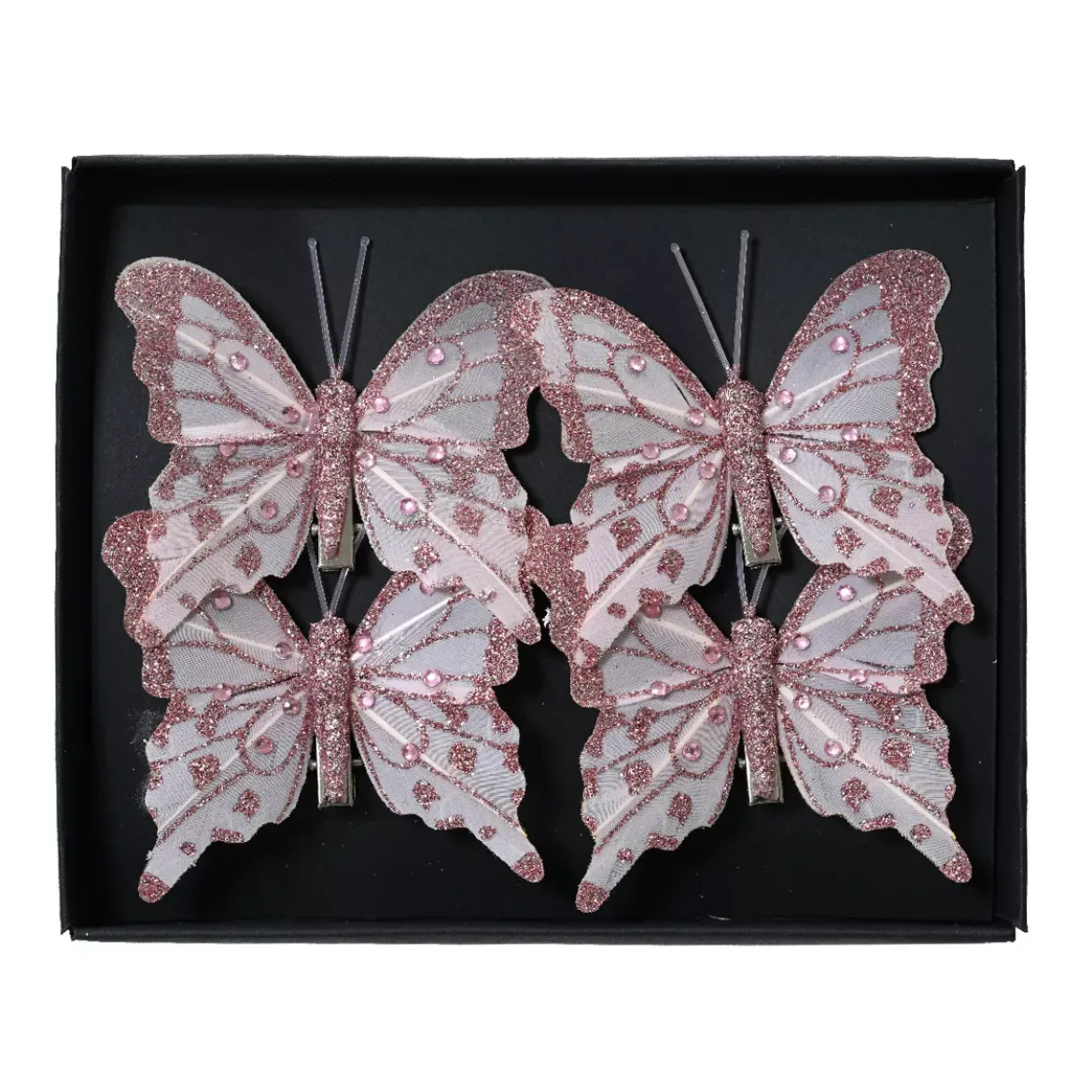 Set di 4 farfalle su pinza (H8 cm) in mini perline e rosso cipria