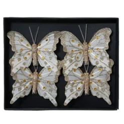 Set di 4 Farfalle su pinza (H8 cm) Scintillii e perle dorate