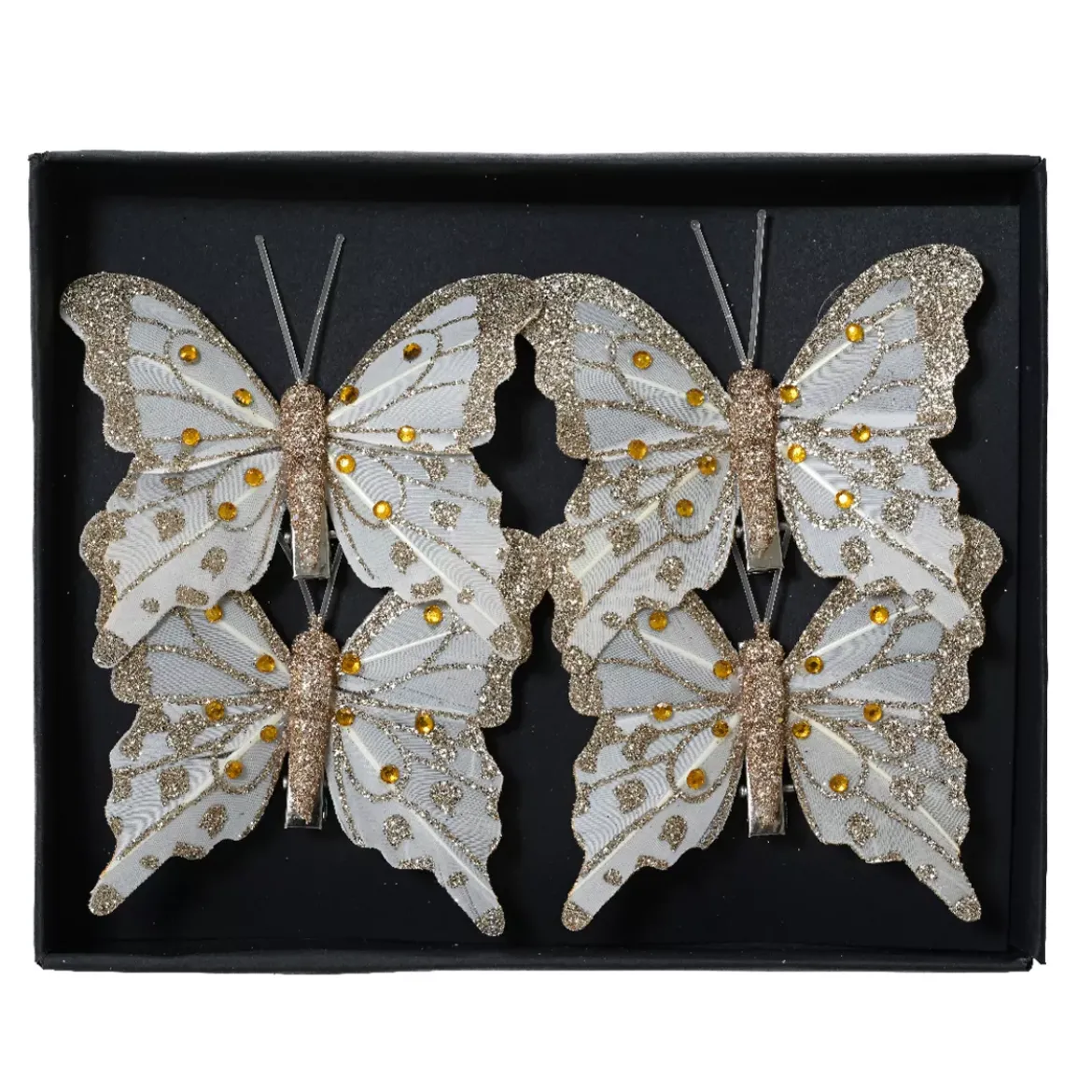 Set di 4 Farfalle su pinza (H8 cm) Scintillii e perle dorate