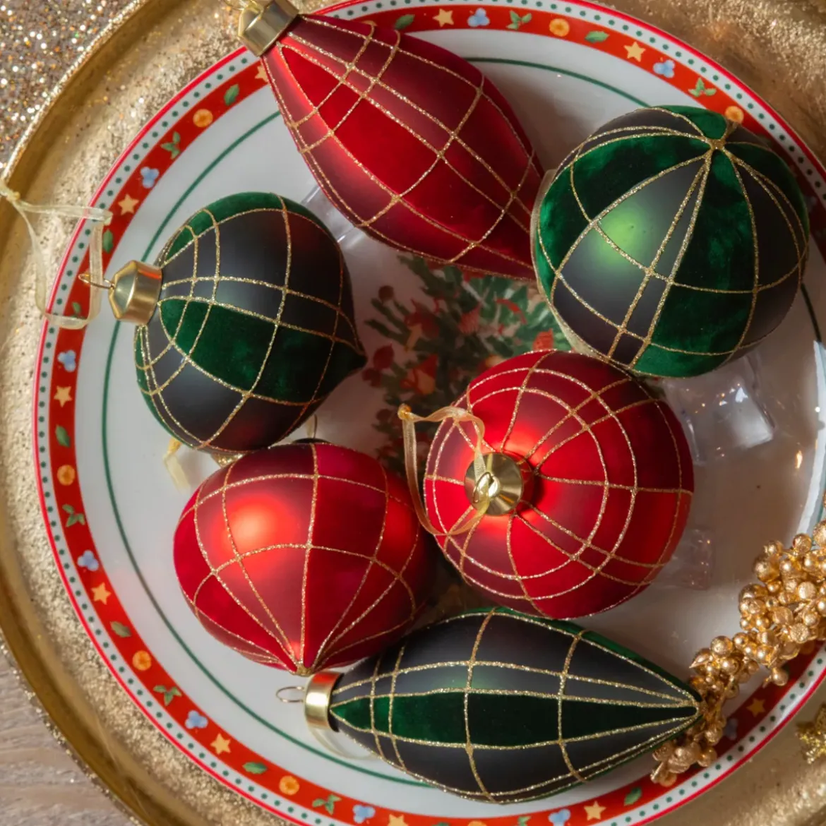 Set di 12 ornamenti di Natale in vetro (D80 mm) Velluto Rosso e verde