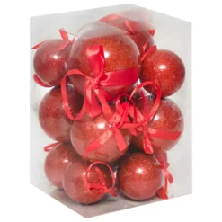 Set di 14 Palline di natale (D150 mm) Glitterate e con Fiocco Rosso