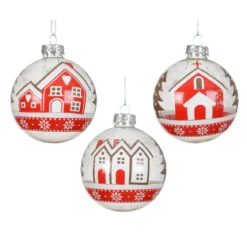 Set di 12 palline di Natale in vetro (D80 mm) Villaggi innevati Rosso e bianco
