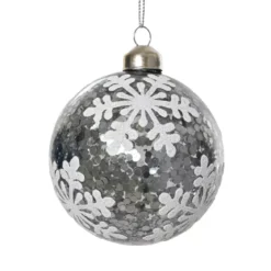 Set di 3 palline di Natale in vetro (D80 mm) Fiocchi di neve e glitter Argento