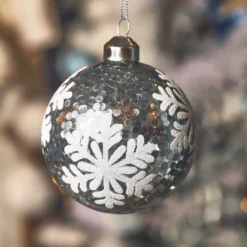 Set di 3 palline di Natale in vetro (D80 mm) Fiocchi di neve e glitter Argento