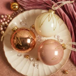 Set di 12 palline di Natale in vetro (D80 mm) chic Cognac, bianco lana e pesca
