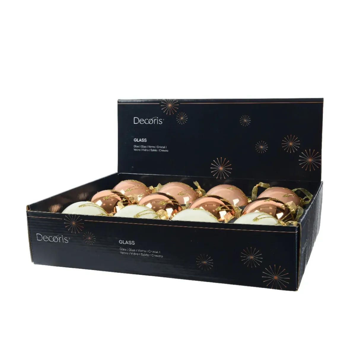 Set di 12 palline di Natale in vetro (D80 mm) chic Cognac, bianco lana e pesca