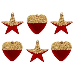 Set di 6 pendenti (H15 cm) Cuori e stelle con paillettes Rosso e Oro