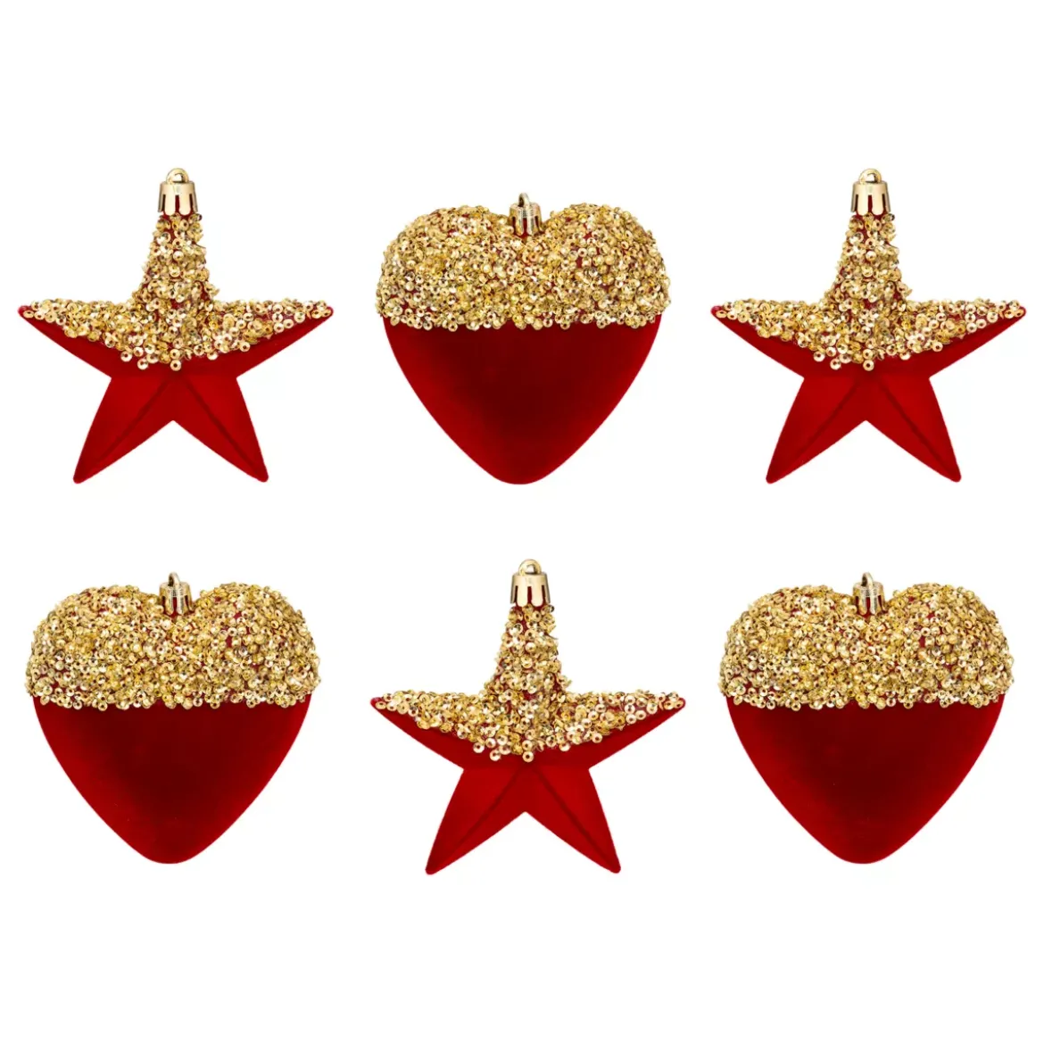 Set di 6 pendenti (H15 cm) Cuori e stelle con paillettes Rosso e Oro