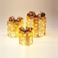 Set di 3 regali luminosi con pile 135 LED (H25 cm) Rotondo e chic Bianco caldo dorato