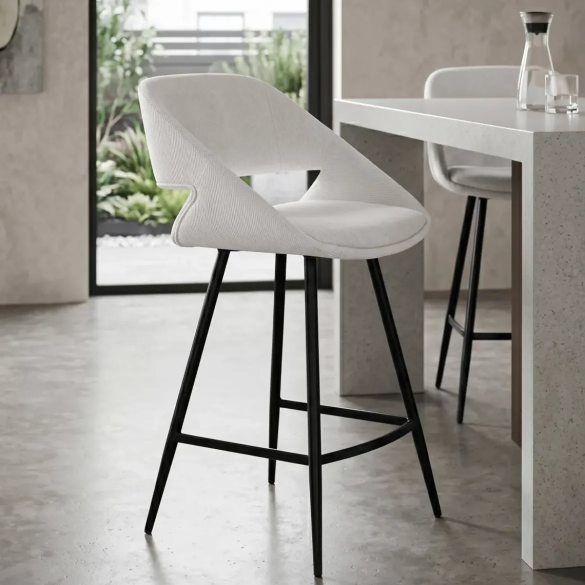 Set di 2 sedie per isola centrale con schienale in velluto a coste (Altezza seduta 68cm) Kosmo Ecru