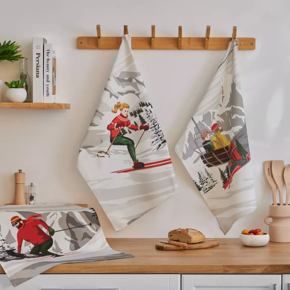 Set di 3 strofinacci in cotone (50 x 70 cm) Skis Multicolore