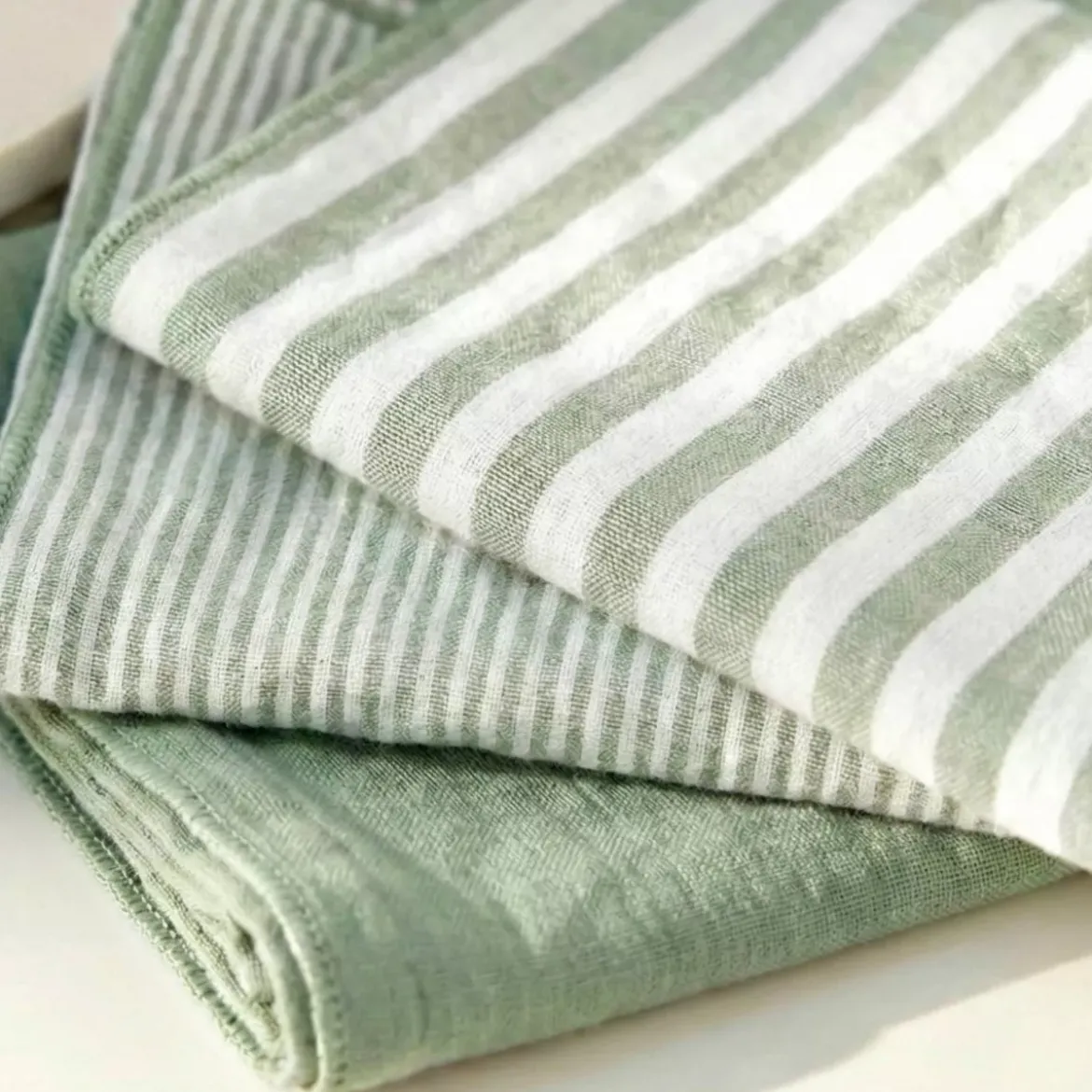 Set di 3 tovaglioli in garza di cotone (40 x 40 cm) Gaïa a righe Verde eucalipto