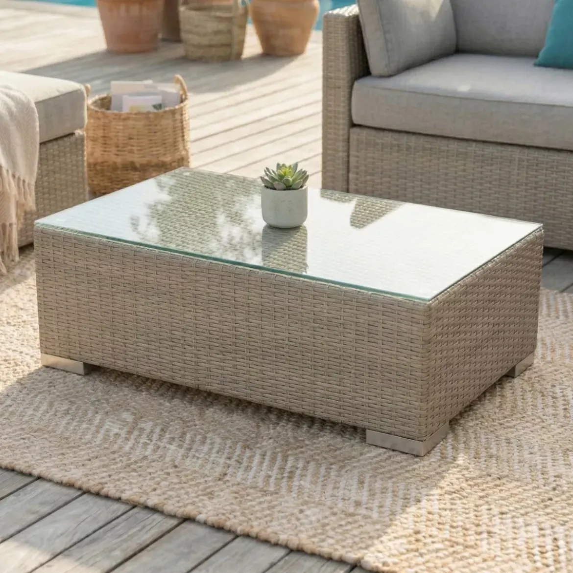 Tavolino rettangolare in resina intrecciata Palma Grigio