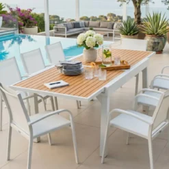 Tavolo da giardino allungabile 10 posti Alluminio effetto legno Murano (270 x 90 cm) Bianco