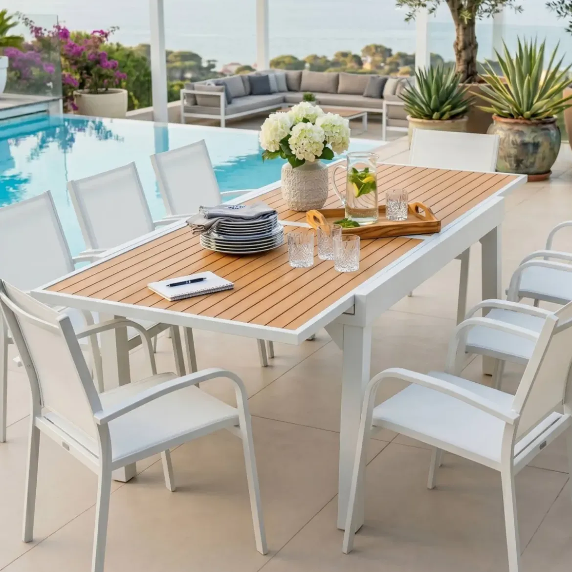 Tavolo da giardino allungabile 10 posti Alluminio effetto legno Murano (270 x 90 cm) Bianco