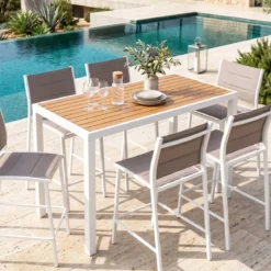 Tavolo da giardino alto in alluminio 6 posti effetto legno (160 x H105 cm) Murano Bianco