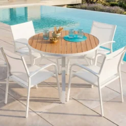 Tavolo da giardino rotondo in alluminio 5 posti (D105 cm) Murano Bianco e effetto legno