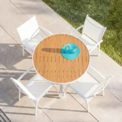 Tavolo da giardino rotondo in alluminio 5 posti (D105 cm) Murano Bianco e effetto legno