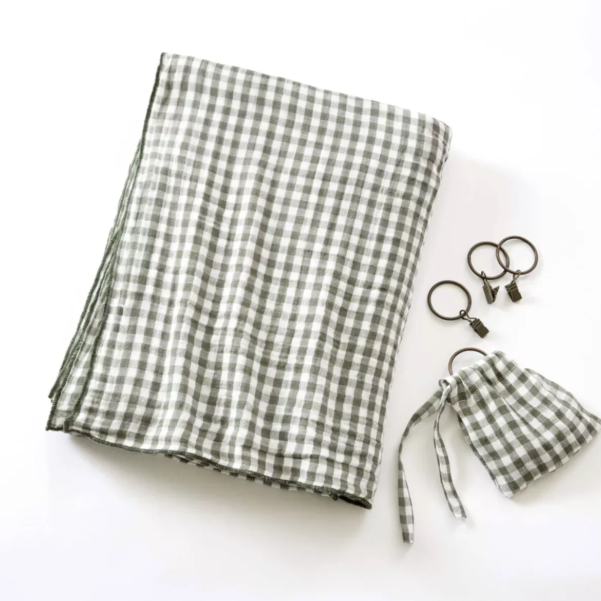 Tenda in doppio voile di cotone regolabile (140 x max 180 cm) Gaïa vichy Verde rosmarino