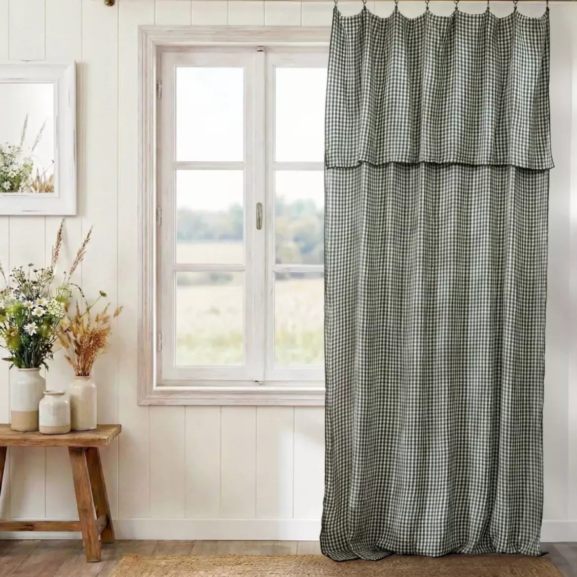 Tenda in doppio voile di cotone regolabile (140 x max 180 cm) Gaïa vichy Verde rosmarino