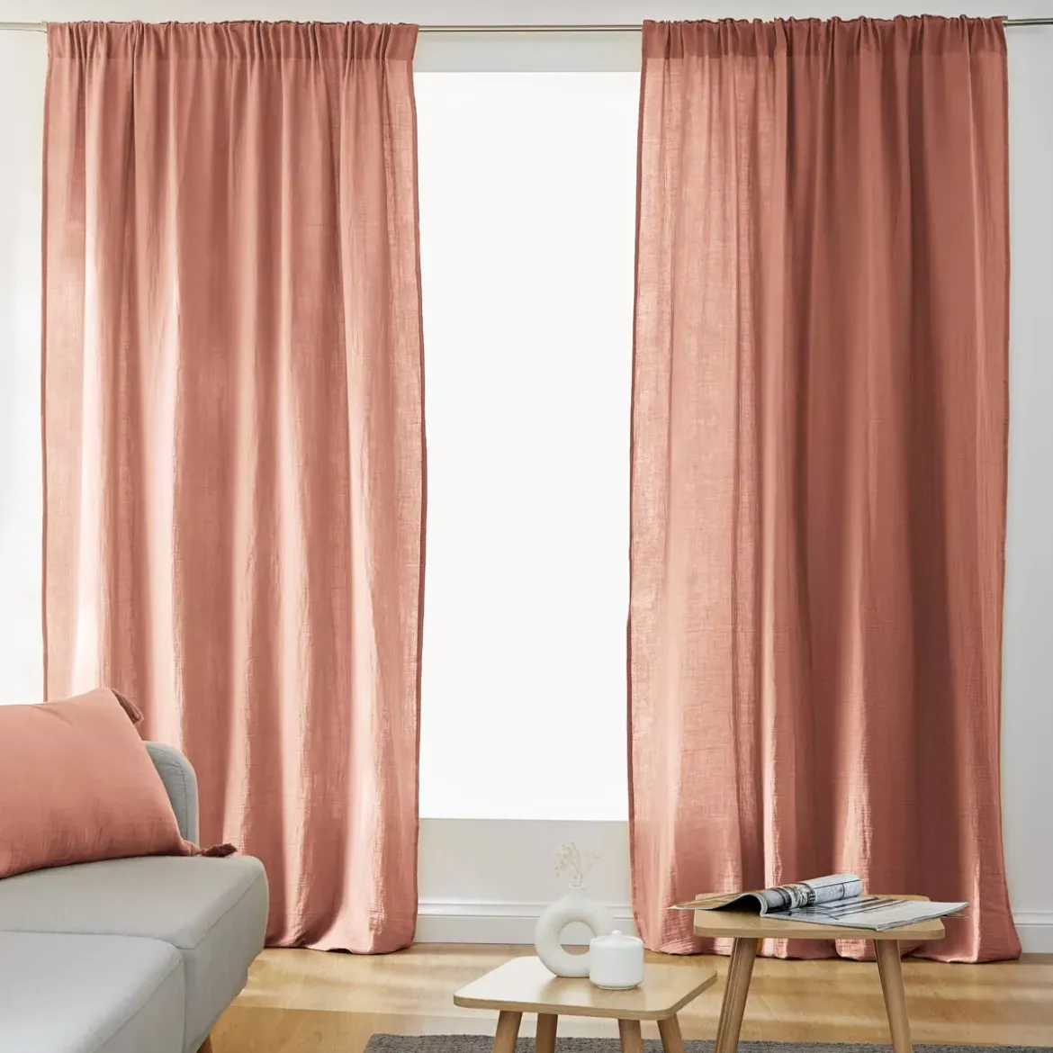 Tenda in garza di cotone a passanti nascosti (140 x 240 cm) Gaïa Rosa pesca