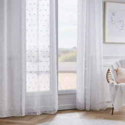 Tenda trasparente con nastri arricciati e pon pon (140 x 240 cm) Emie Bianco